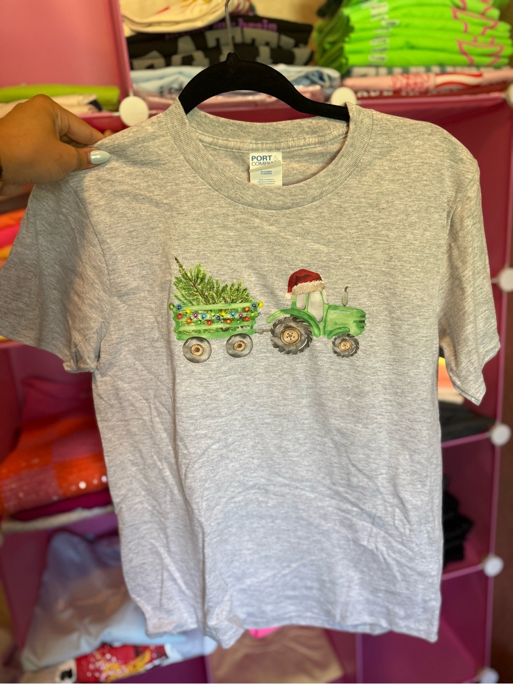 Port and Company Heather Gray Kids Tee with Green Tractor and Tree